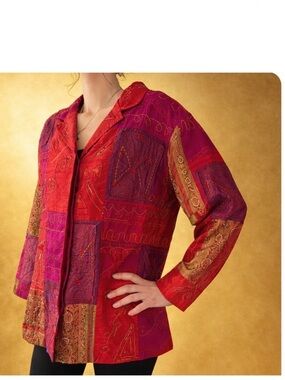 Vintage Silk-Feel Textured with Beads & Sequins Blazer – Patchwork Statement